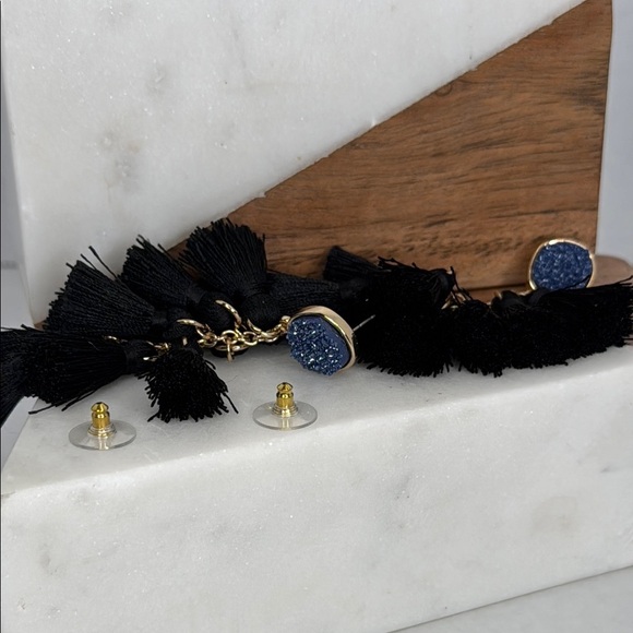 SugarFix Black and Gold Blue Stone Tassel Earrings lot E32 - Picture 5 of 7